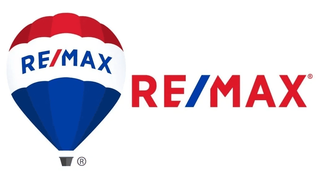 A red, white and blue balloon with the word " re / max ".